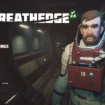 Breathedge в раннем доступе: кислород мешает исследовать космос Экран меню игры 'Breathedge' показывает главного героя - мужчину с бородой и усами в белом скафандре с красными элементами. Слева от него текст: MENU, PLAY, SETTINGS, EXIT. Фон - корабль или станция.