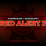 Command & Conquer Red Alert 3 (2009): яркие армии после закрытия старой сети Красный фон с радиальными лучами. В центре белый текст 'COMMAND & CONQUER' над красным текстом 'RED ALERT 3'. Ниже мелкий текст копирайта.