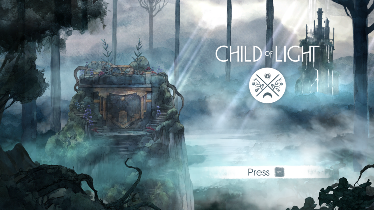 Туманный лес на фоне загрузочного экрана Child of Light. В центре белый круглый логотип, под ним надпись Press.