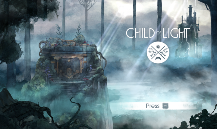 Туманный лес на фоне загрузочного экрана Child of Light. В центре белый круглый логотип, под ним надпись Press.