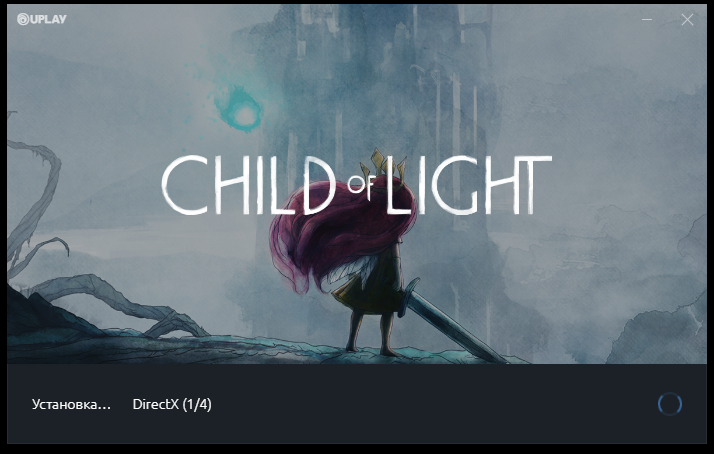 Туманный лес на фоне. В центре белый текст CHILD OF LIGHT. Снизу видны элементы интерфейса 'Установка...'