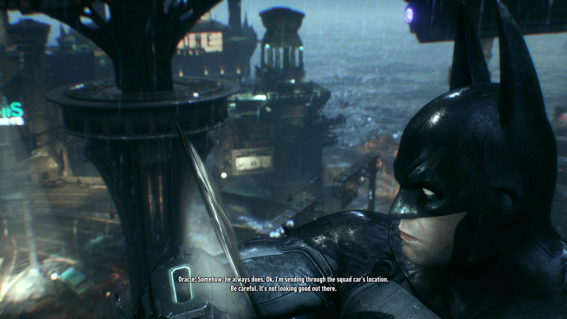 Бэтмен над ночным Готэмом в Arkham Knight