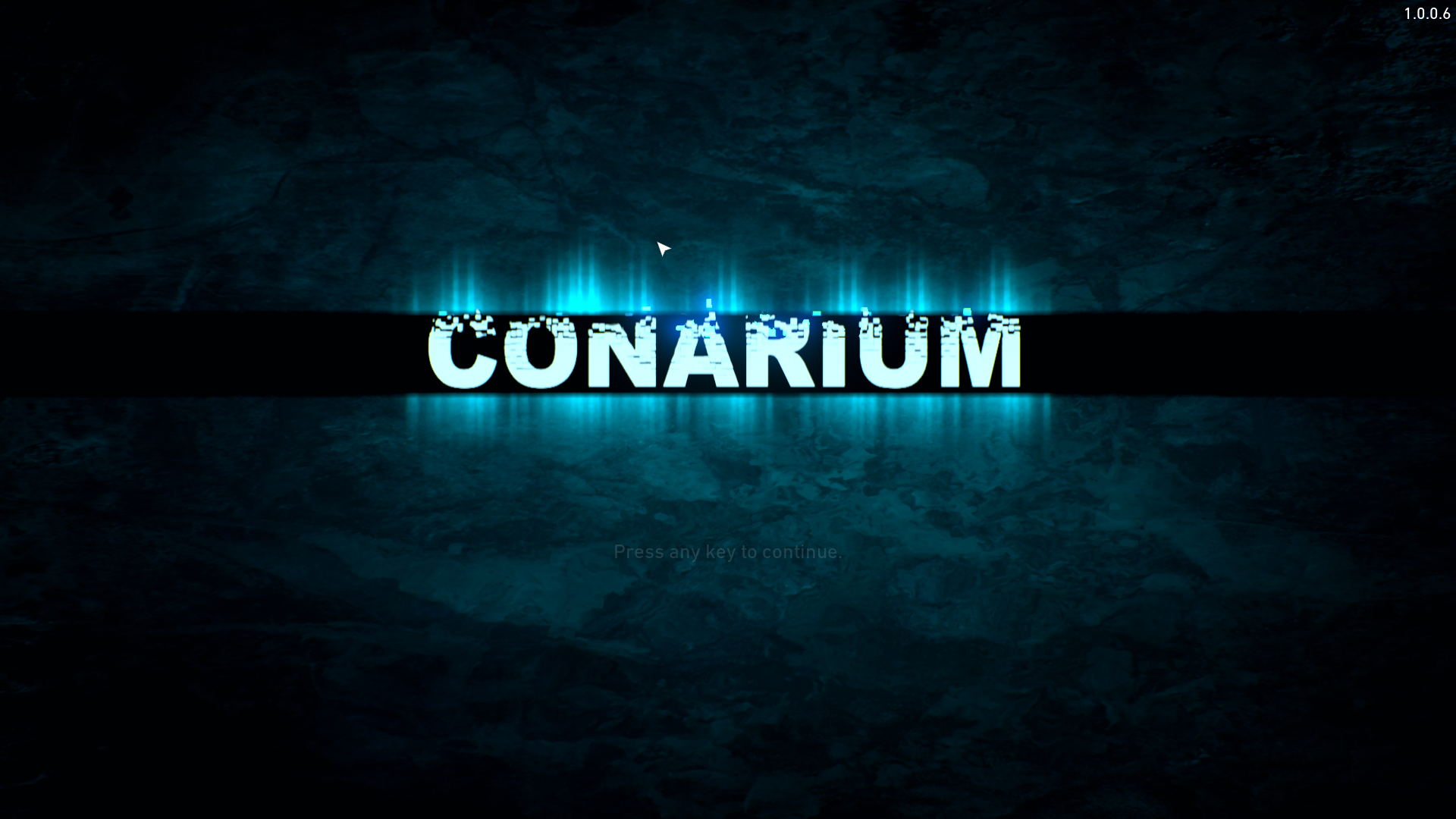 Текст 'CONARIUM' в центре экрана с голубым неоновым свечением. Фон - текстура камня или металла под водой.