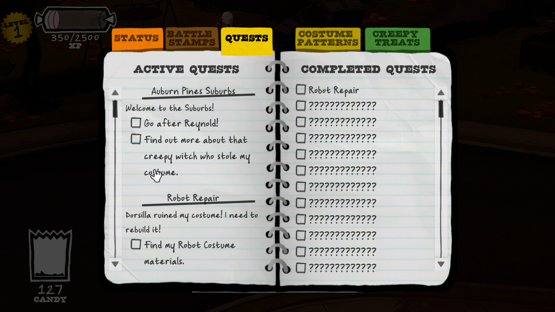 Интерфейс с вкладками STATUS, BATTLE STAMPS, QUESTS. Активные квесты включают 'Robust Repair' и поиск материалов для костюма. Выполненные квесты помечены галочкой или пустыми полями.