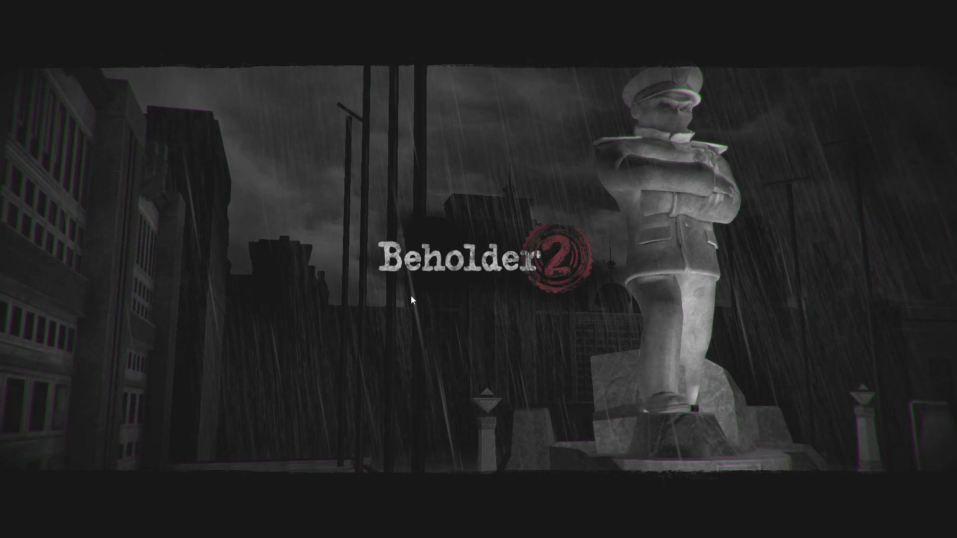 Логотип Beholder 2 на фоне статуи и дождливых зданий.