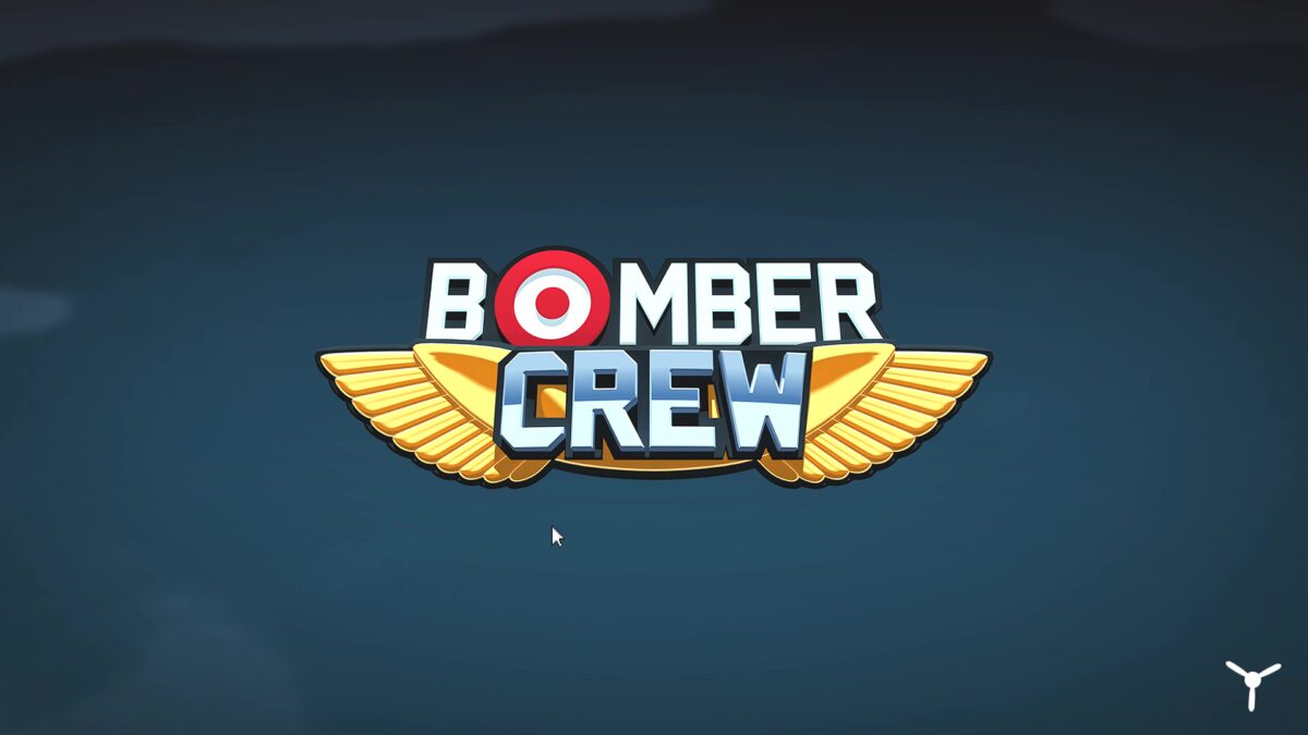 Логотип игры 'Bomber Crew' в центре экрана. Надпись выполнена белым шрифтом с красным кругом вместо буквы O, под ней золотые стилизованные крылья. Фон - темно-синий градиент.