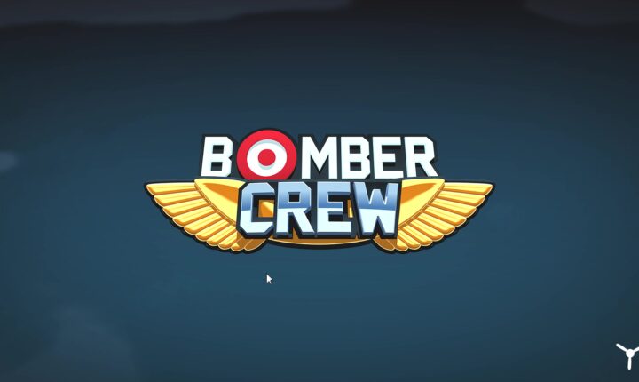Логотип игры 'Bomber Crew' в центре экрана. Надпись выполнена белым шрифтом с красным кругом вместо буквы O, под ней золотые стилизованные крылья. Фон - темно-синий градиент.