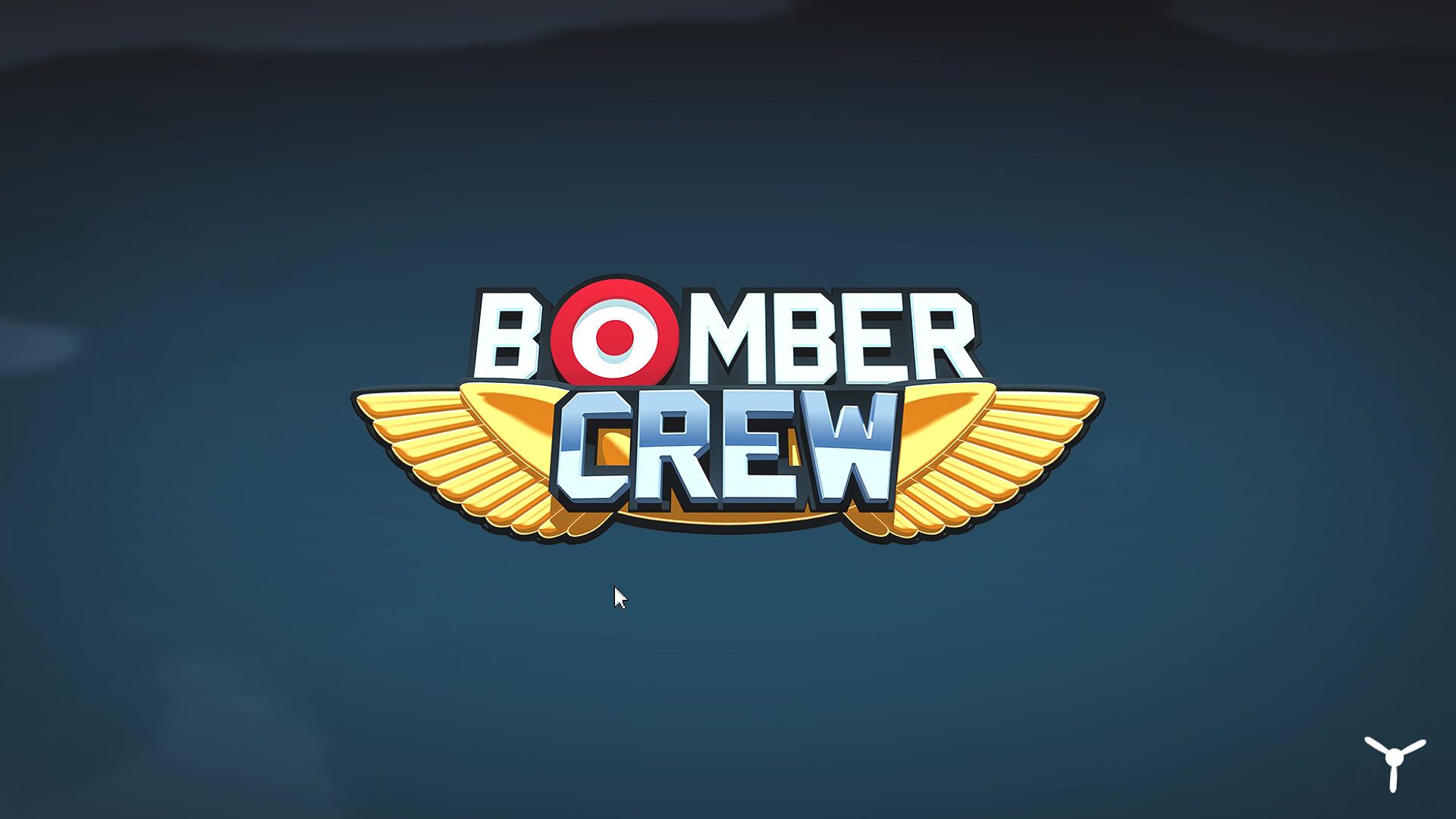 Логотип игры 'Bomber Crew' в центре экрана. Надпись выполнена белым шрифтом с красным кругом вместо буквы O, под ней золотые стилизованные крылья. Фон - темно-синий градиент.