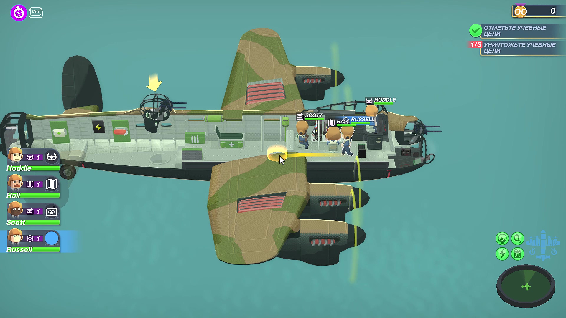 Самолет из игры Bomber Crew показан сбоку под углом. Видны пилоты внутри кабины и элементы интерфейса слева (список персонажей) и справа (кнопки действий).