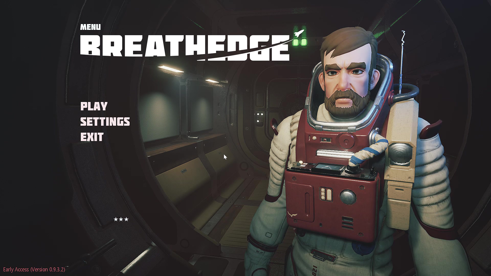 Экран меню игры 'Breathedge' показывает главного героя - мужчину с бородой и усами в белом скафандре с красными элементами. Слева от него текст: MENU, PLAY, SETTINGS, EXIT. Фон - корабль или станция.
