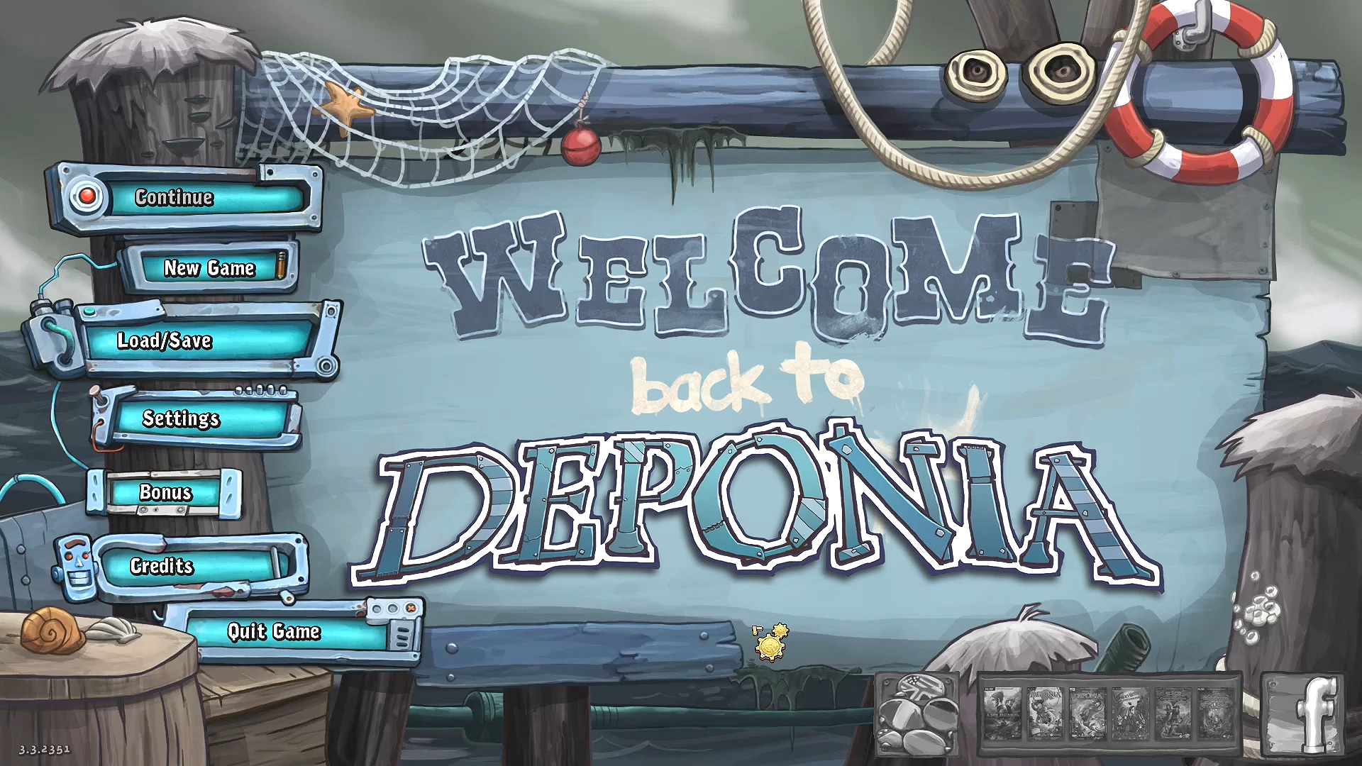 Интерфейс с надписью 'WELCOME back to DEPONIA' и кнопками выбора режима: Continue, New Game, Local Save, Villages, Bonus, Credits. Фон - деревянная палуба корабля с якорем и спасательным кругом.