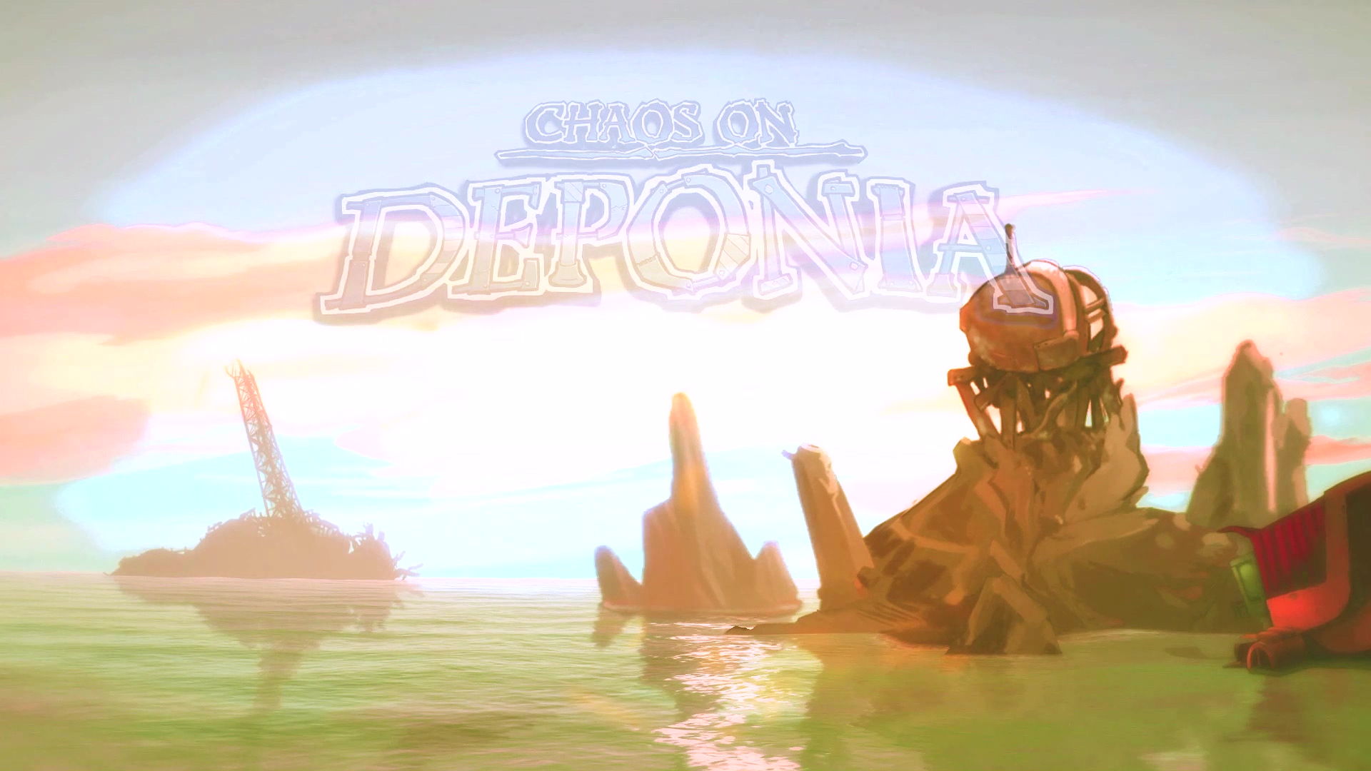 Надпись 'CHAOS on DEPONIA' над изображением корабля в воде с островами и закатом. В правом углу виден силуэт персонажа в шлеме.