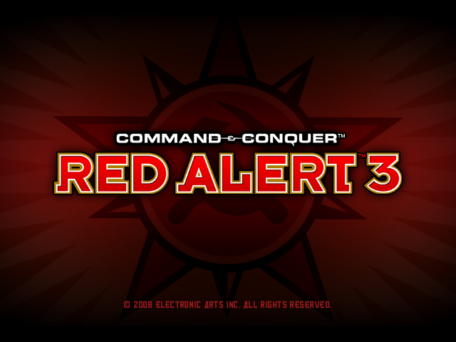 Красный фон с радиальными лучами. В центре белый текст 'COMMAND & CONQUER' над красным текстом 'RED ALERT 3'. Ниже мелкий текст копирайта.