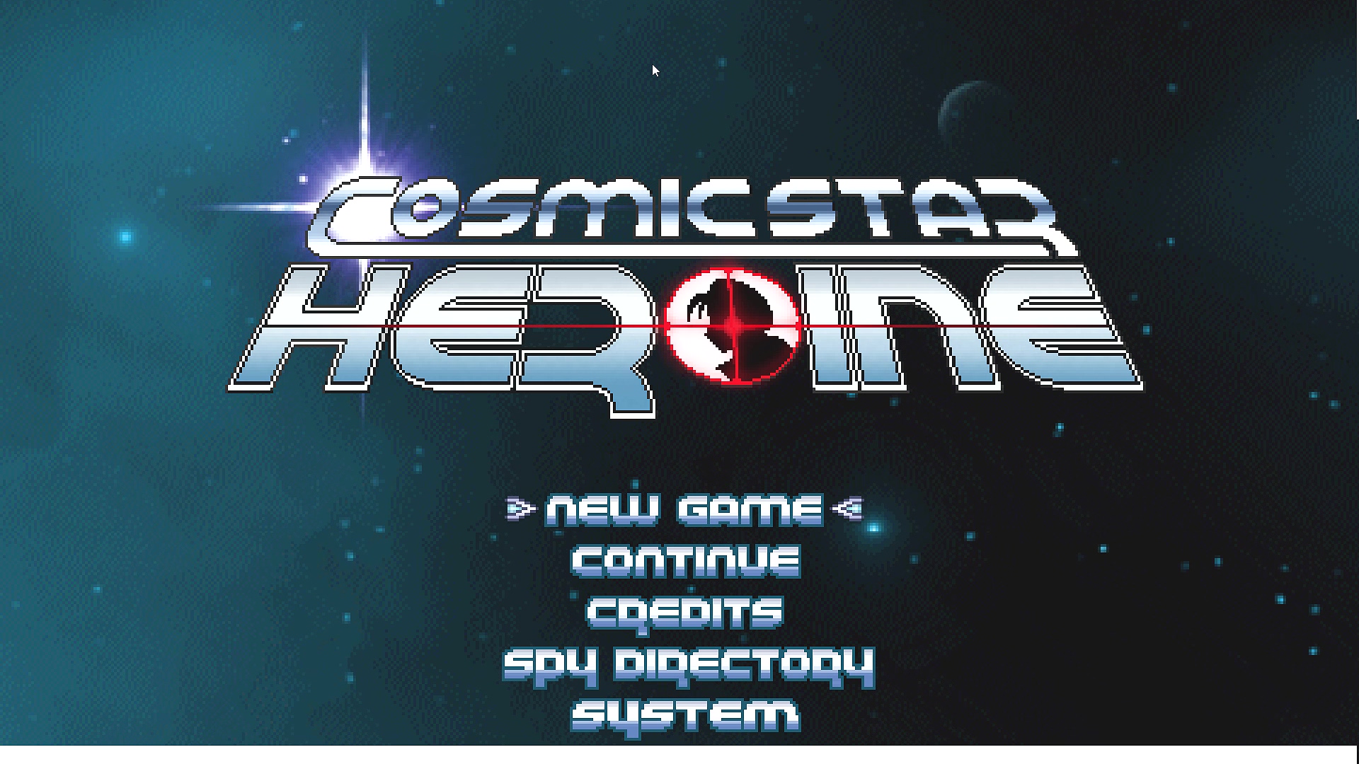 Текстовое меню с надписью 'Cosmic Star Heroine' и опциями: NEW GAME, CONTINUE, CREDITS, SPY DIRECTORY SYSTEM. Фон - темное небо со звездами и планетами.