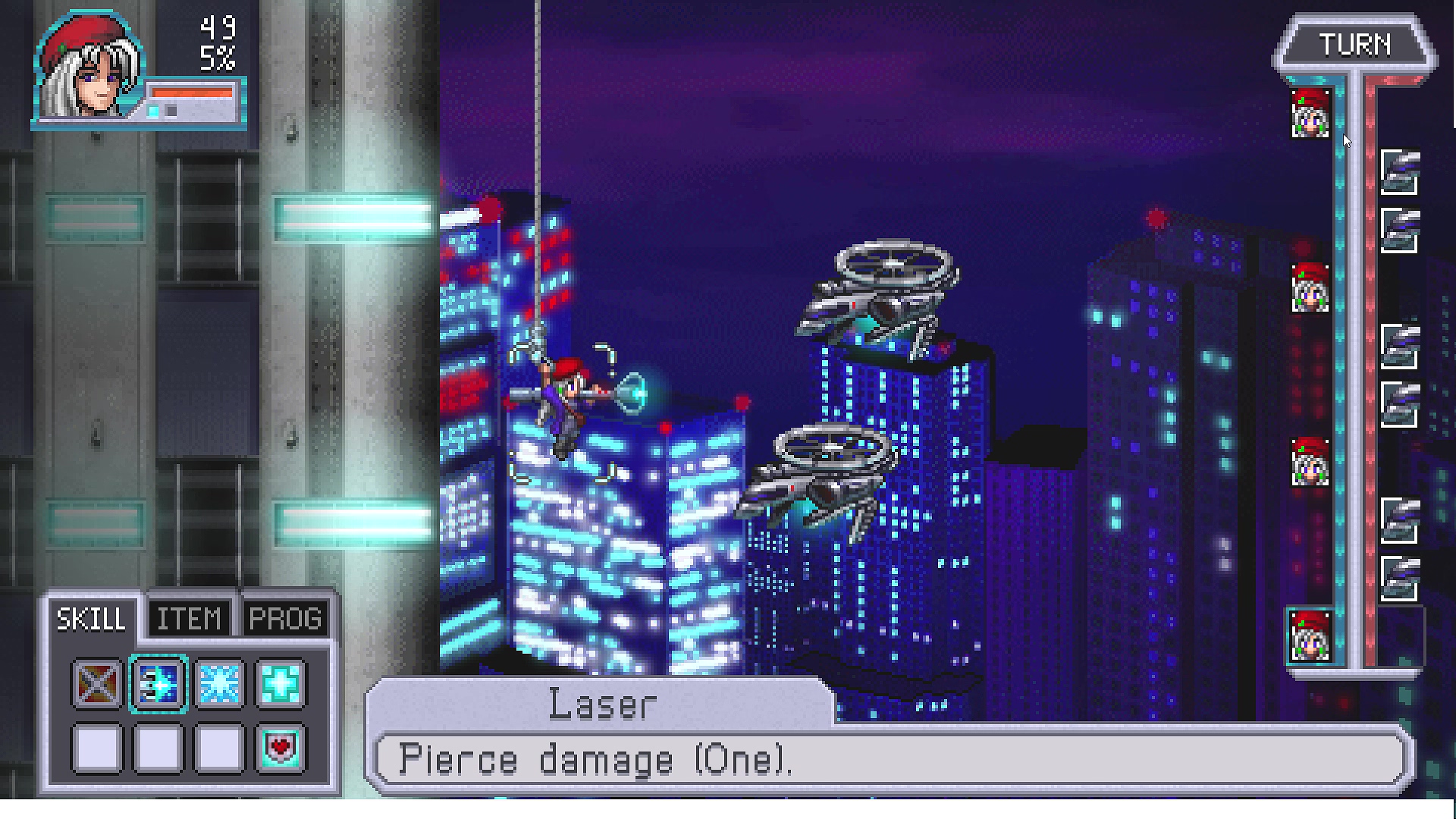 Ночная сцена в городе. Внизу - окно действия 'Laser Pierce damage (One).'. Справа - шкала хода 'TURN'.